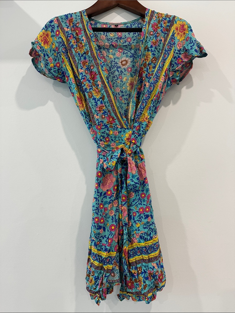 Floral Tie-Waist Boho Bathing Suit Cover in Teal & Multicolor